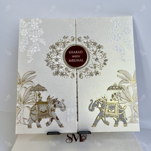 Banana Tree & Elephant White and Gold Theme Indian Wedding Card