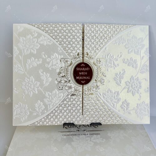 Center Open Embossed White and Gold Theme Indian Wedding Card