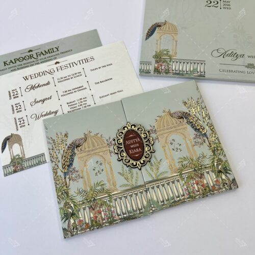 rajsi chatri and peacock theme wedding invitation