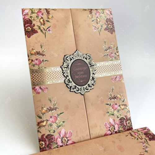 floral designer peach padded heavy indian wedding invitation card