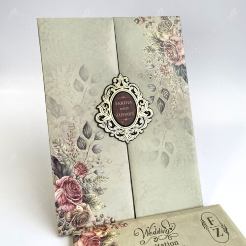 floral designer light green padded heavy indian wedding invitation card